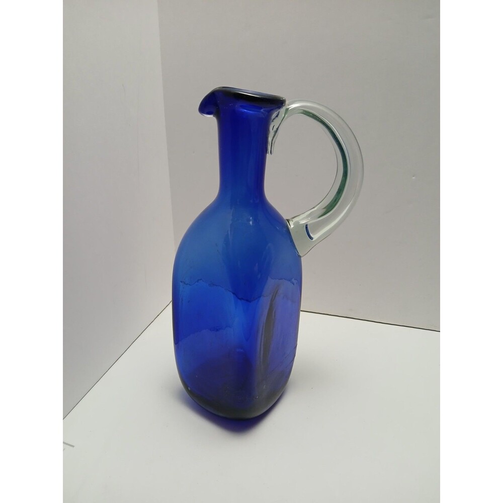 ​Vtg Hand Blown COBALT BLUE Glass Pitcher‎ Carafe Clear Applied Handle